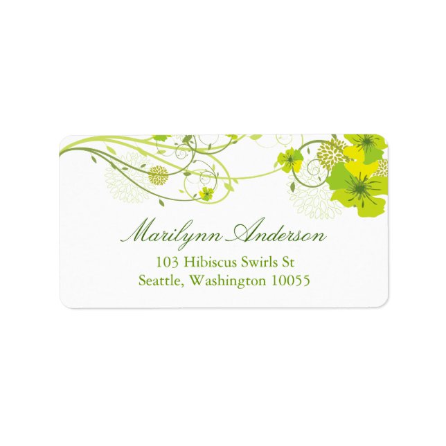 Green Hibiscus Swirls & Swallows Floral Wedding Label (Front)