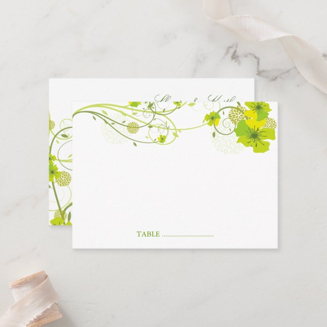 Green Hibiscus Swirls & Swallows Floral Wedding Place Card (Front/Back In Situ)