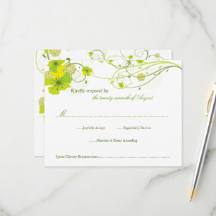 Green Hibiscus Swirls & Swallows Floral Wedding RSVP Card