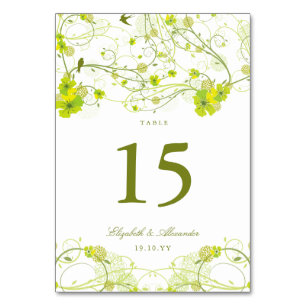 Green Hibiscus Swirls & Swallows Floral Wedding Table Number