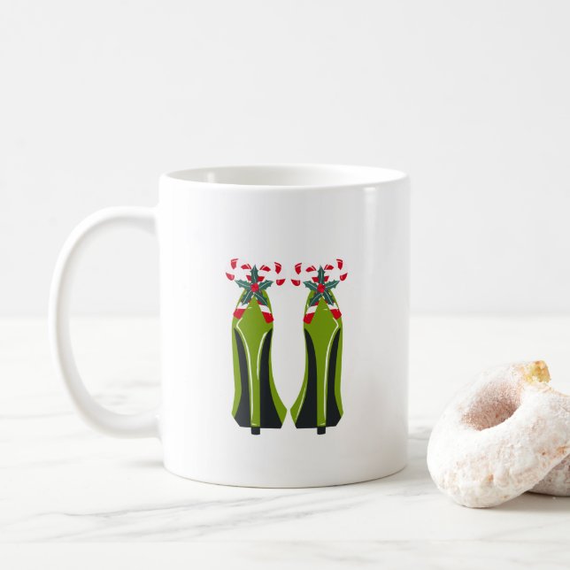 Green High Heels with Candy Canes Coffee Mug (With Donut)
