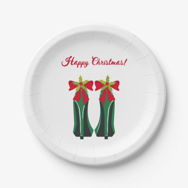 Green High Heels with Christmas Bows Paper Plate (Front)