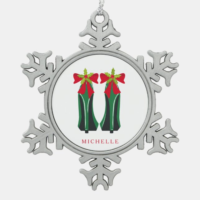 Green High Heels with Christmas Bows Snowflake Pewter Christmas Ornament (Front)