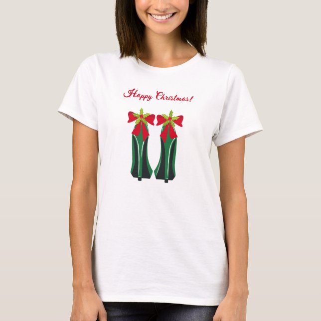 Green High Heels with Christmas Bows T-Shirt (Front)