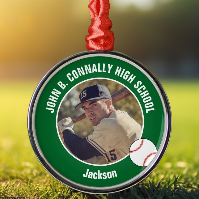 Green High School Baseball Player Photo Christmas Metal Ornament (Creator Uploaded)