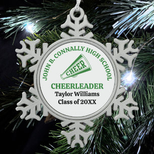 Green High School Cheerleader Personalised Snowflake Pewter Christmas Ornament