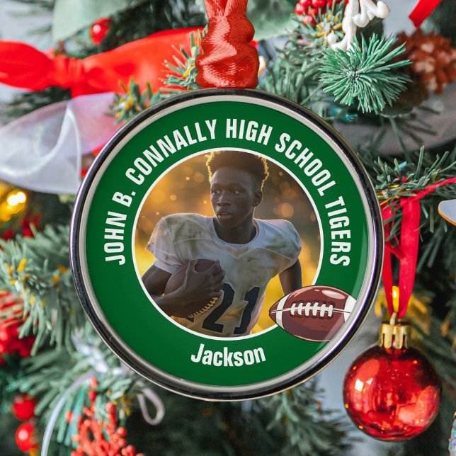 Green High School Football Player Photo Christmas Metal Ornament (Creator Uploaded)