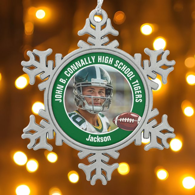 Green High School Football Player Photo Custom Snowflake Pewter Christmas Ornament (Creator Uploaded)