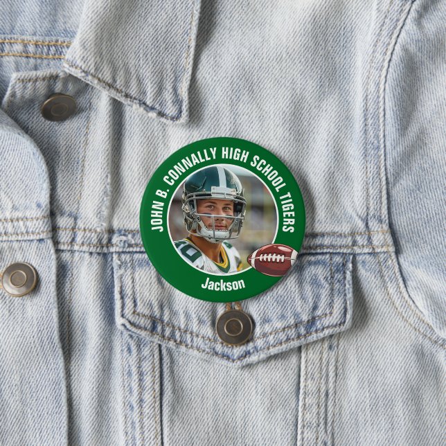 Green High School Football Player Photo Large Brag 7.5 Cm Round Badge (In Situ)