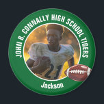 Green High School Football Player Photo Magnet<br><div class="desc">This cool customised high school football player photo spirit magnet in green features white typography of your team and player name. Personalise with your athlete name next to the ball.</div>