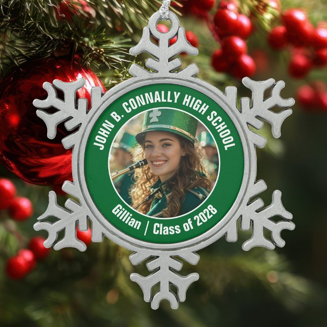 Green High School Marching Band Photo Gift Snowflake Pewter Christmas Ornament (Creator Uploaded)