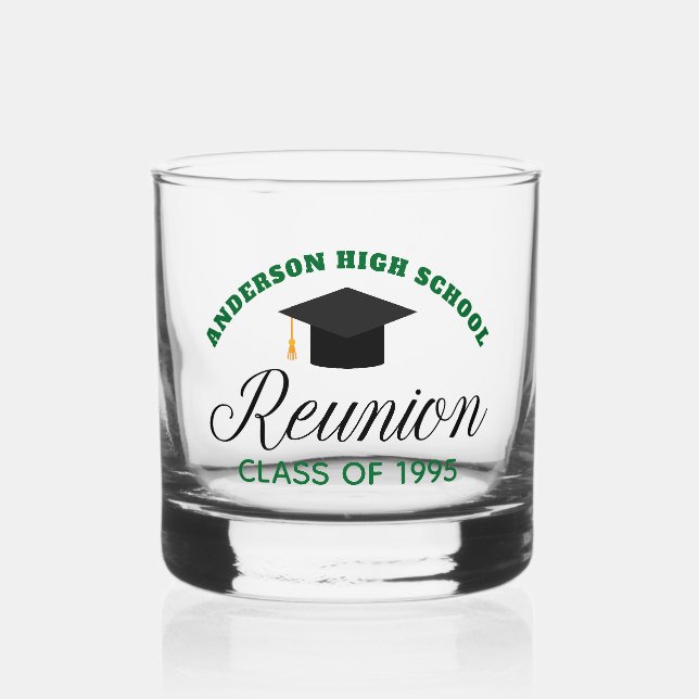 Green High School Reunion Party Custom Alumni Whiskey Glass (Front)