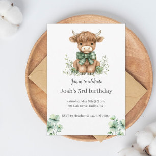 Green Highland Cow Birthday Party Invitation