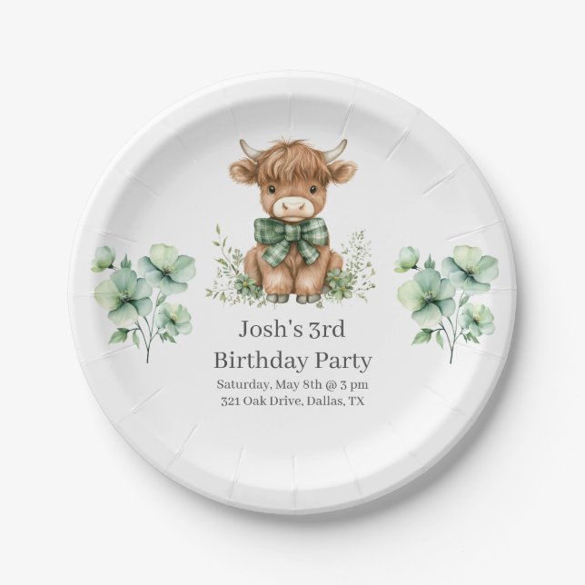 Green Highland Cow Birthday Party Paper Plate (Front)