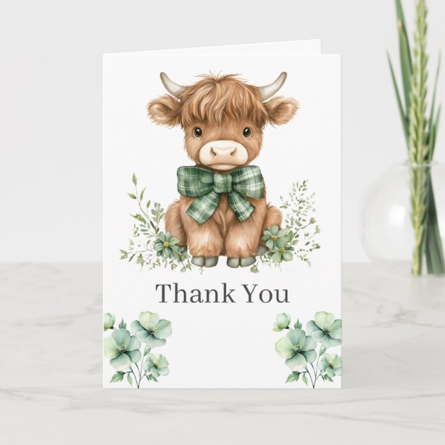 Green Highland Cow Thank You Card (Front)