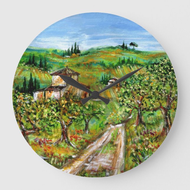 GREEN HILLS AND OLIVE TREES IN TUSCANY LANDSCAPE LARGE CLOCK (Front)