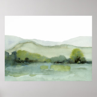 Green Hills Landscape Watercolor Poster