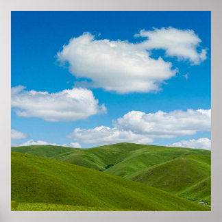 Green Hills with Blue Skies and White Clouds Poster