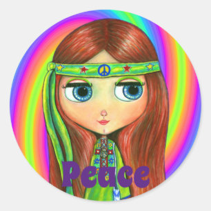 Green Hippie Doll Girl Peace Sign Headband Cute Classic Round Sticker