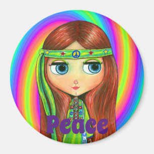 Green Hippie Doll Girl Peace Sign Headband Cute Magnet