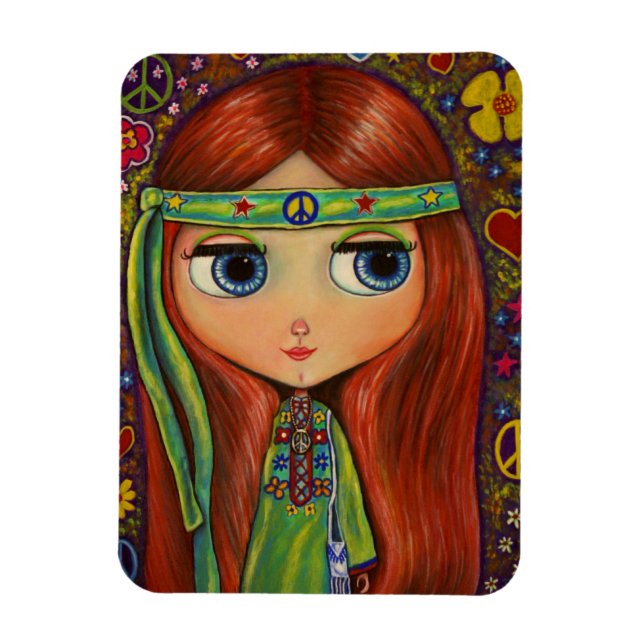 Green Hippie Girl Doll Flower Power Peace Magnet (Vertical)