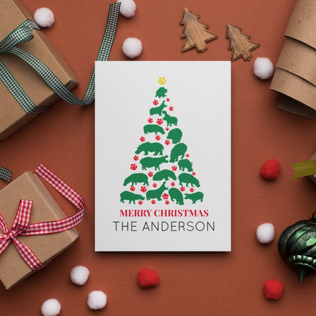 Green Hippo Christmas Tree Red Paw Postcard (Creator Uploaded)