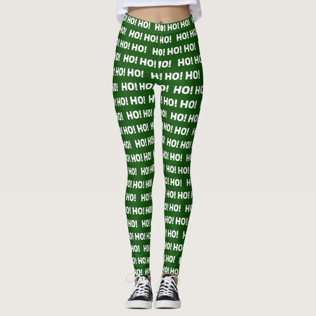 Green HO! HO! HO! Christmas Typography Pattern Leggings (Front)