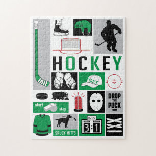 Green Hockey Elements Stick Puck Player Jigsaw Puzzle