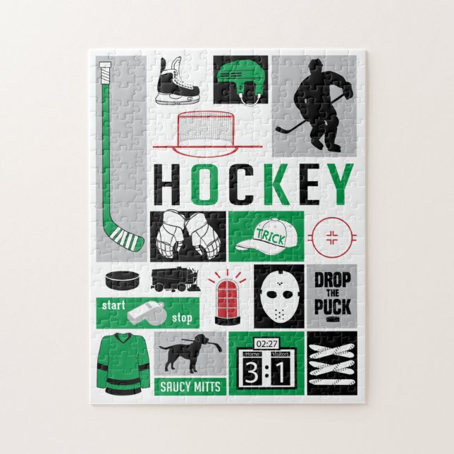 Green Hockey Elements Stick Puck Player Jigsaw Puzzle (Vertical)