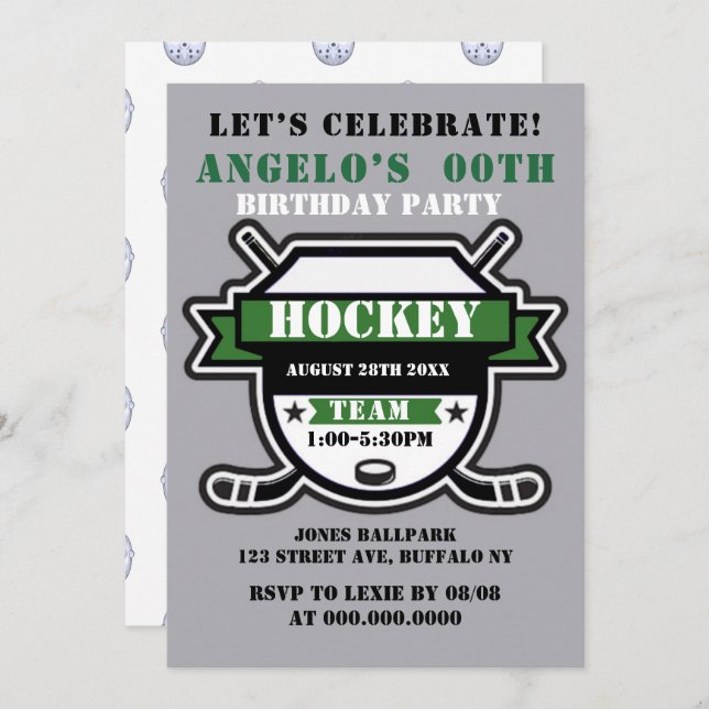 Green Hockey Theme Birthday Party Invites (Front/Back)