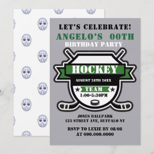 Green Hockey Theme Birthday Party Invites