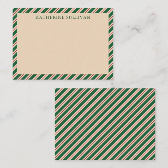 Green Holiday Christmas Pinstripes Flat Note Card (Front/Back)
