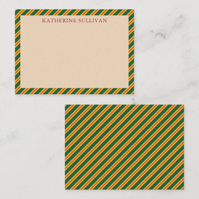Green Holiday Christmas Pinstripes Flat Note Card (Front/Back)