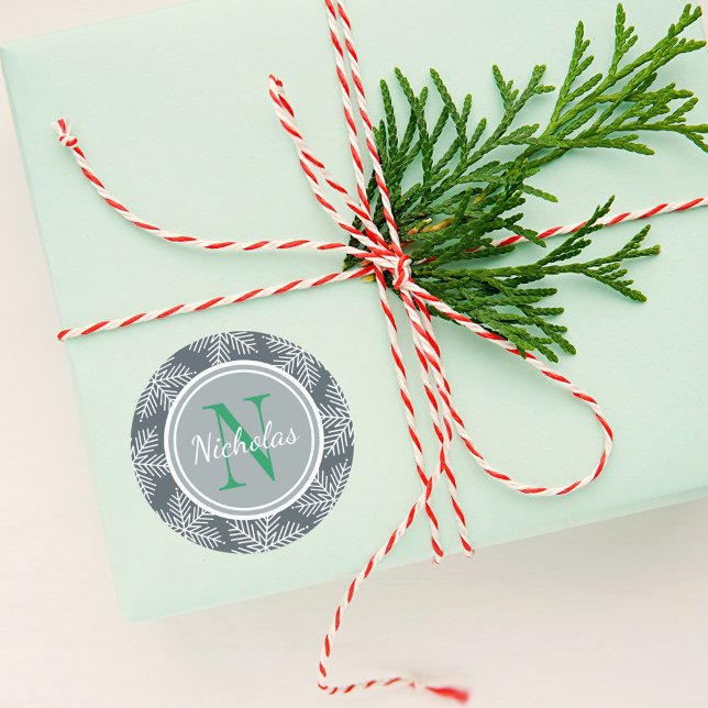 Green Holiday Monogram Snowflake Border Classic Round Sticker (Creator Uploaded)