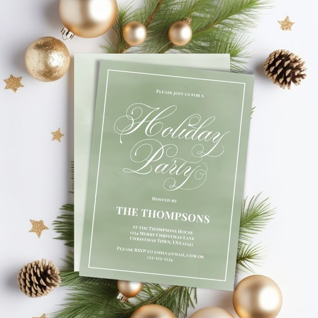 Green Holiday Party Calligraphy Script Invitation (Holiday party custom invitation card with calligraphy script. )