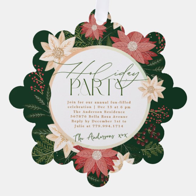 Green Holiday Party Poinsettia Wreath Botanical Tree Decoration Card (Front)