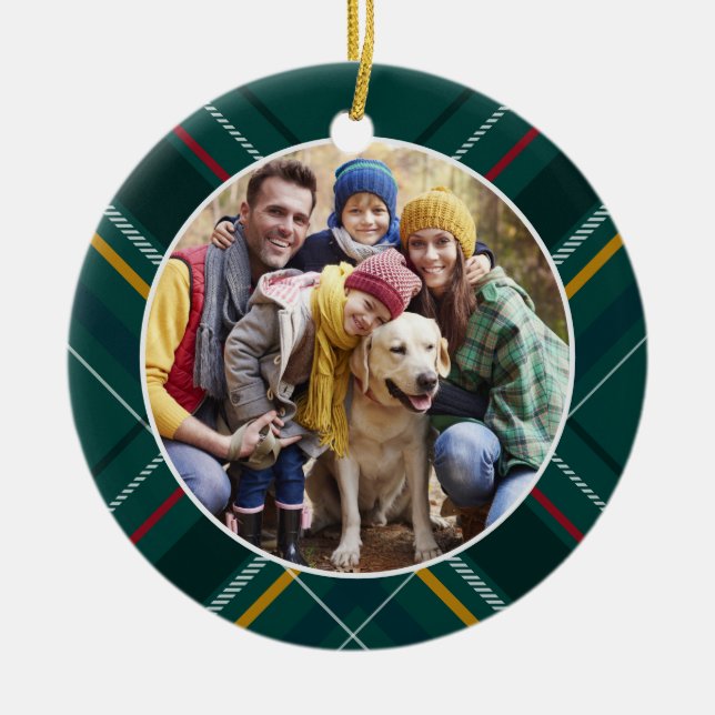 Green holiday plaid frame family photo Christmas Ceramic Ornament (Front)