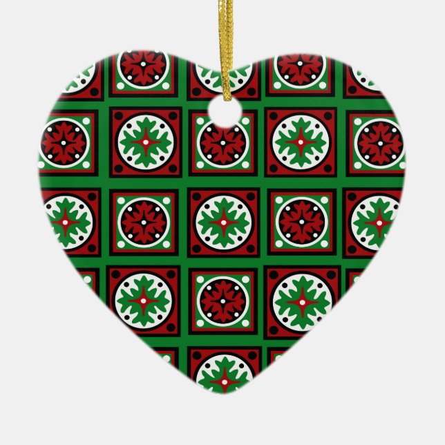Green Holiday Quilt Ceramic Tree Decoration (Front)