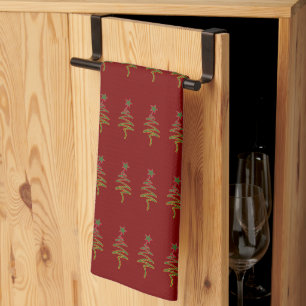 Green Holiday Scribble Tree + Star Dk Red Tea Towel