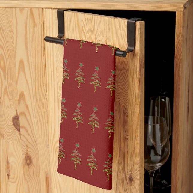 Green Holiday Scribble Tree + Star Dk Red     Tea Towel (Thirds Fold)