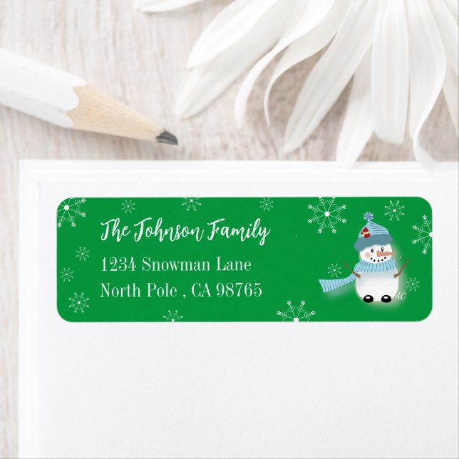 Green Holiday Snowman Return Address Labels (Insitu)