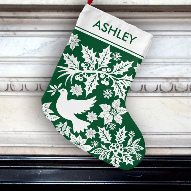 Green Holiday Toile Dove Holly and Poinsettia  Large Christmas Stocking (Creator Uploaded)