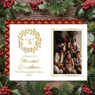 Green Holly and Berries Merriest Christmas Foil Holiday Card