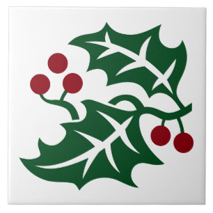 Green Holly and Red Berries Christmas Design Ceramic Tile