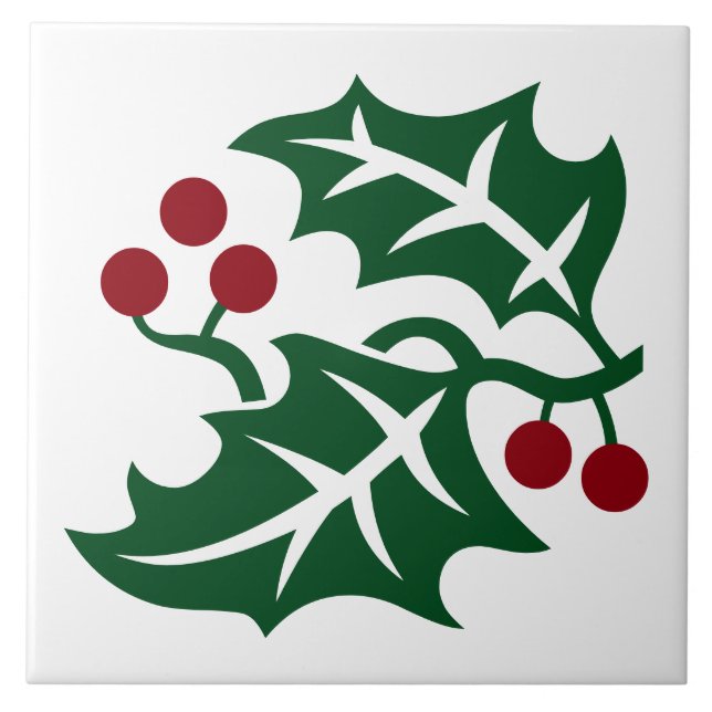 Green Holly and Red Berries Christmas Design Ceramic Tile (Front)