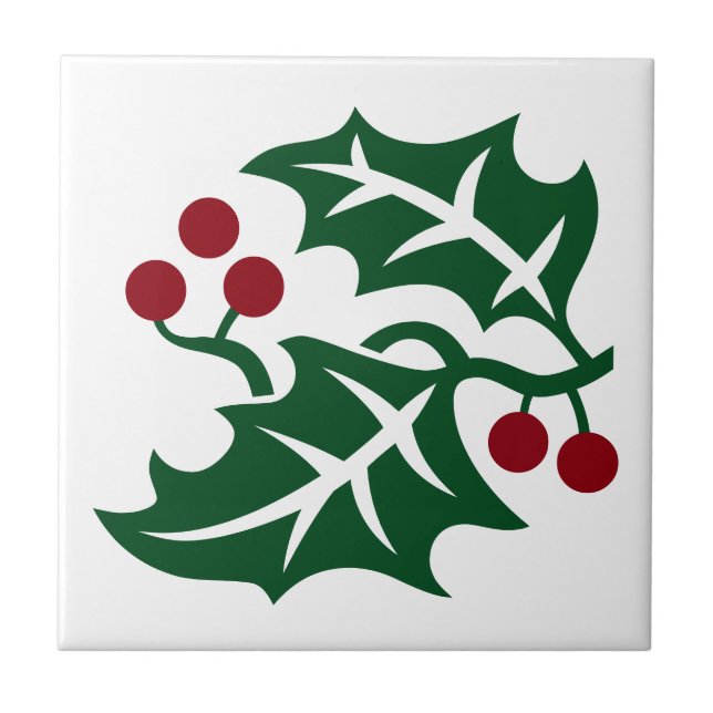 Green Holly and Red Berries Christmas Design Ceramic Tile (Front)