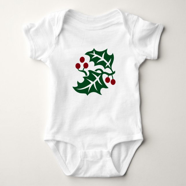 Green Holly and Red Berries Christmas Holiday Baby Bodysuit (Front)