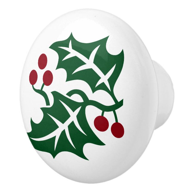 Green Holly and Red Berries Christmas Holiday Ceramic Knob (Right)