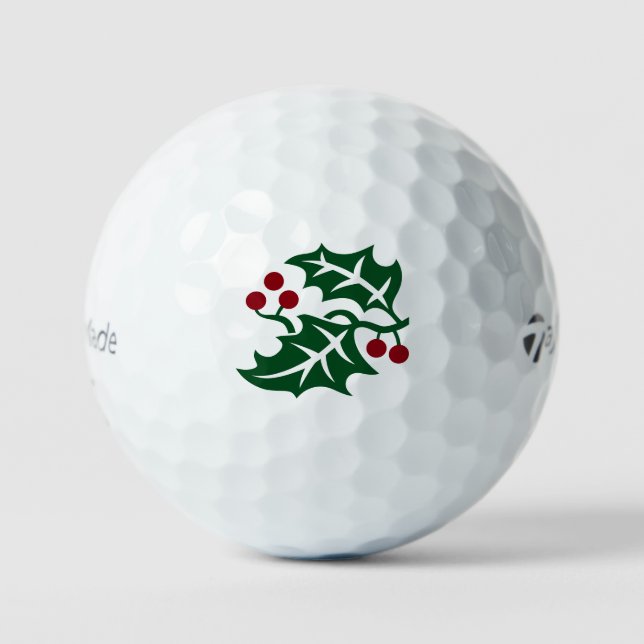 Green Holly and Red Berries Christmas Holiday Golf Balls (Front)