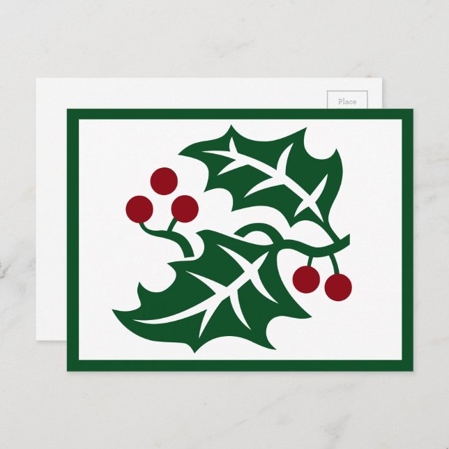 Green Holly and Red Berries Winter Holiday Postcard (Front/Back)